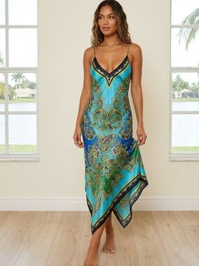 Rubber Ducky Productions Glossy Bohemian Maxi Hankerchief Dress M BOHO Festival